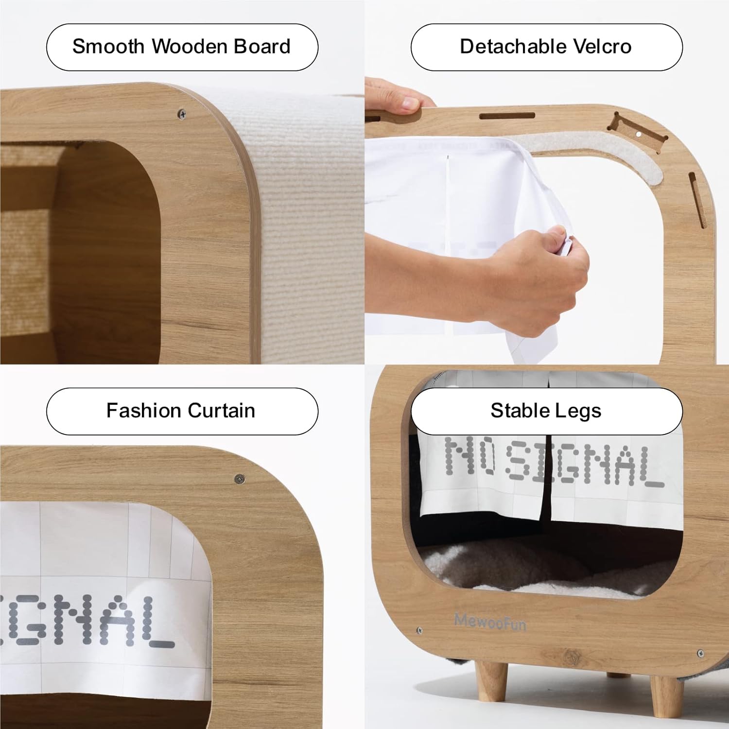 review MEWOOFUN TV Cat House for Indoor Cats Wooden Cat House Cat Bed Cat Shelter with Soft Reversible Cushion Fashion Curtain (Rectangle 2)