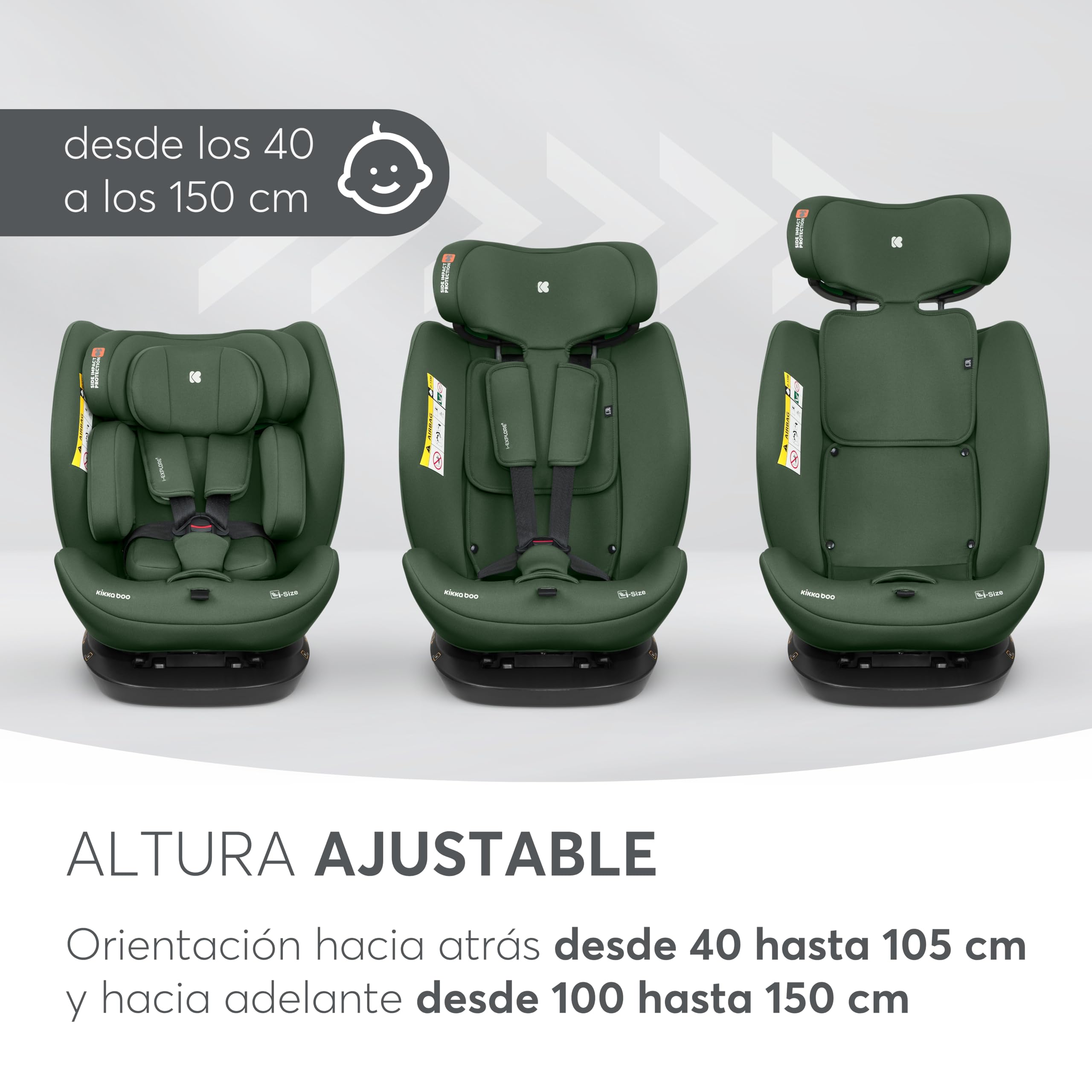 KikkaBoo Silla Coche Bebé i-EXPLORE 2, Grupo 0 1 2 3, i-Size 40-150 cm, Reclinable, 0-12 Años, Reposacabezas 14 Posiciones, Cojín y Arnés 5 Puntos, Army Green
