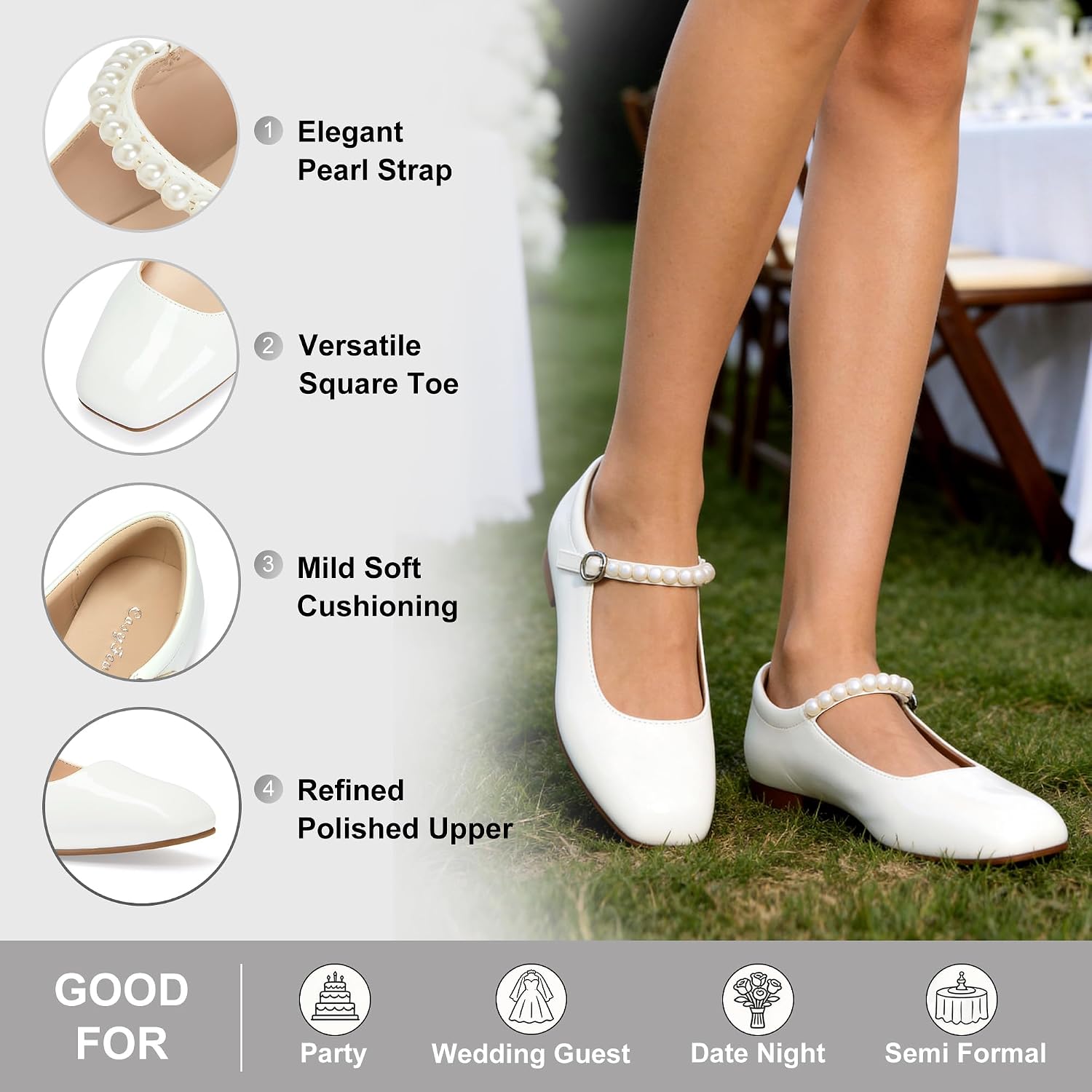 CosyFever Women's Pearl Strap Mary Jane Flats, Wedding Guest & Party Shoes