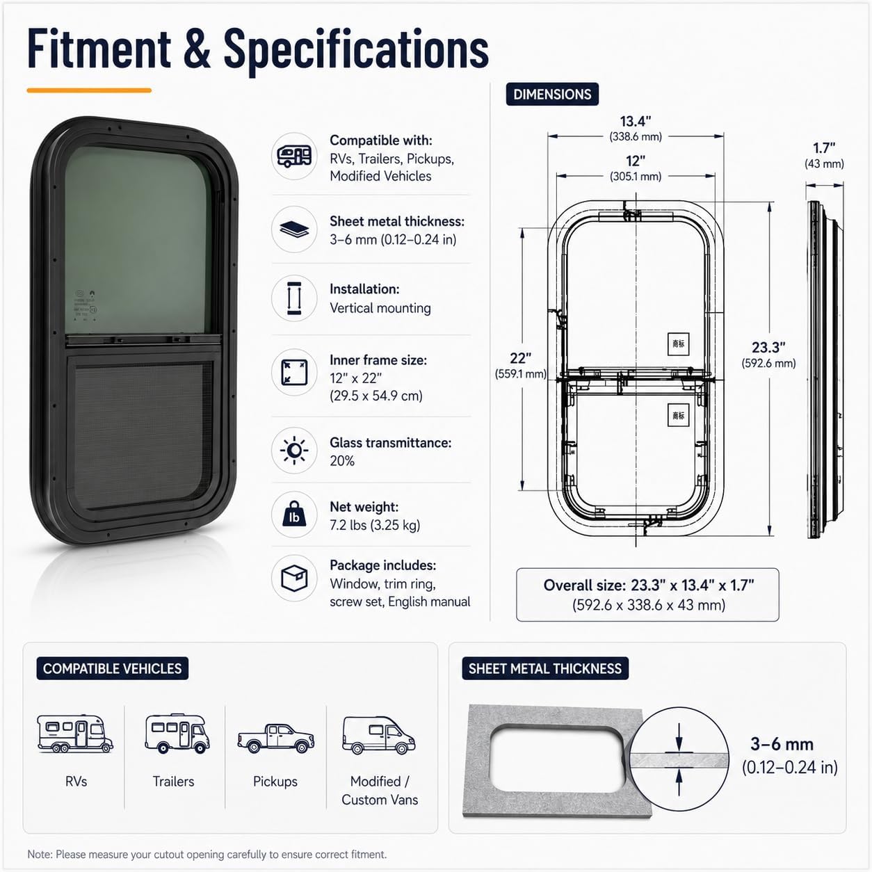 RV Windows, 12" W x 22" H Replacement Camper Windows, Tinted Sliding RV Side Window with Net Screen and Trim Ring, Fit for 1" or 1-1/2" Thickness Wall