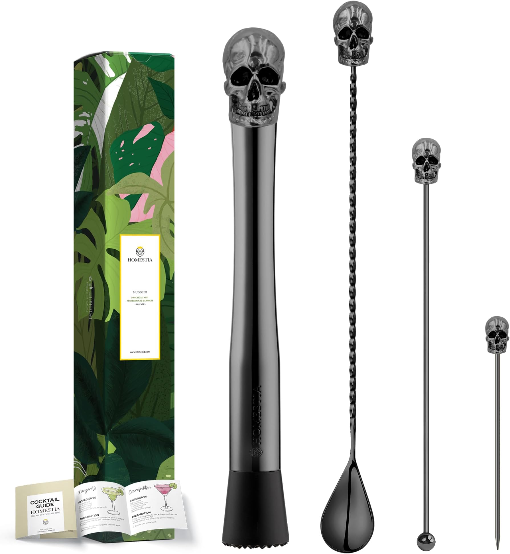 Homestia 10" Skull Bar Muddler for Cocktails, Stainless Steel Black Drink Muddler for Home Bar Tool Set, Fruit Crusher Lemon Smasher for Drinks with Nylon Head