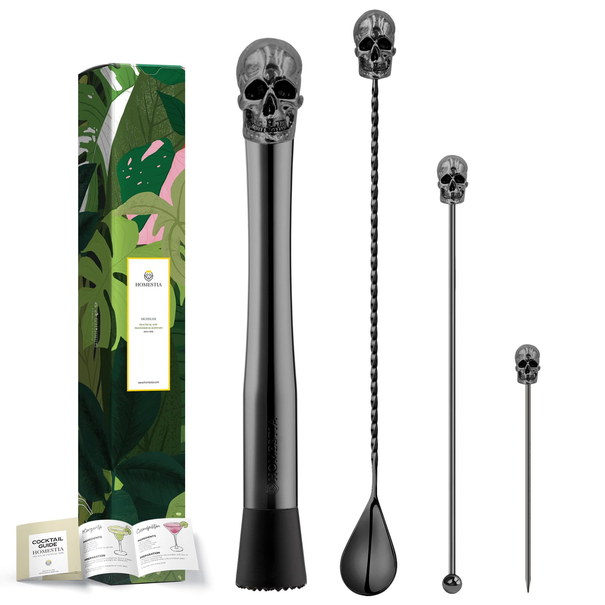 Homestia 10" Skull Bar Muddler for Cocktails, Stainless Steel Black Drink Muddler for Home Bar Tool Set, Fruit Crusher Lemon Smasher for Drinks with Nylon Head