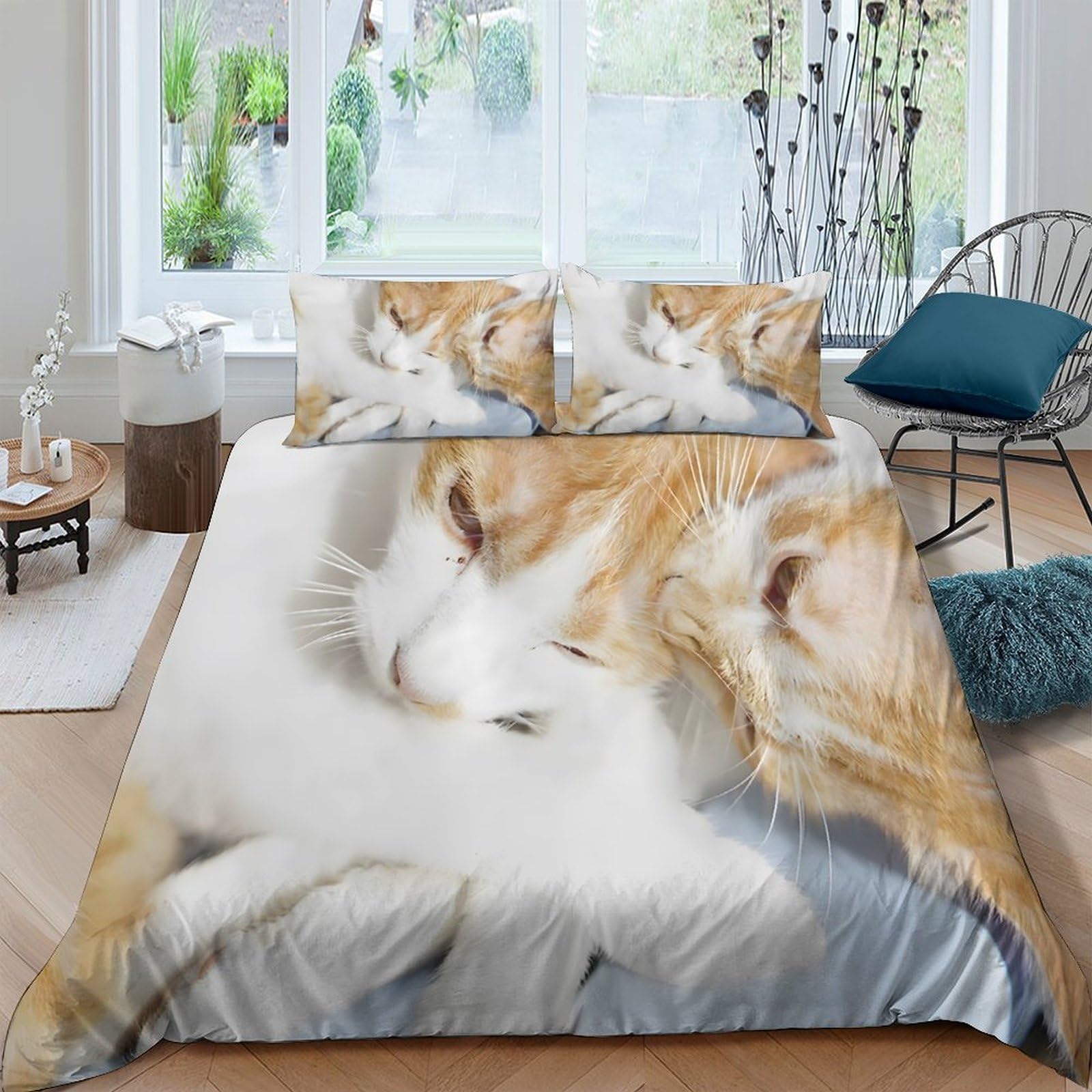 GPLZQXKJNH 3D Printed Ginger Cat Duvet Cover Microfiber Soft Breathable Sleeping Kitten Bedding Set with 2 Pillowcases for Bedroom Decor Single（135x200cm）