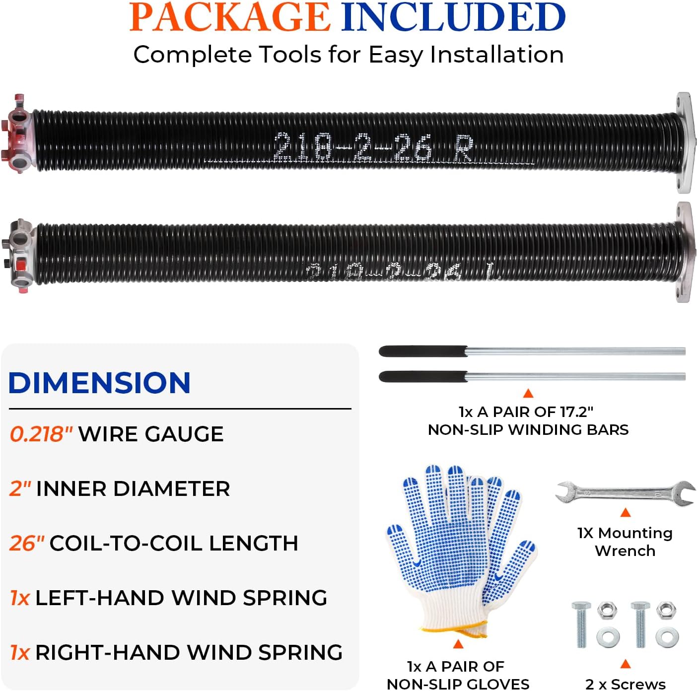 Pair of 2" Garage Door Torsion Springs with Non-Slip Winding Bars & Gloves, Heavy-Duty Replacement, 18,000 Cycles, High Precision Electrophoresis Black Coated