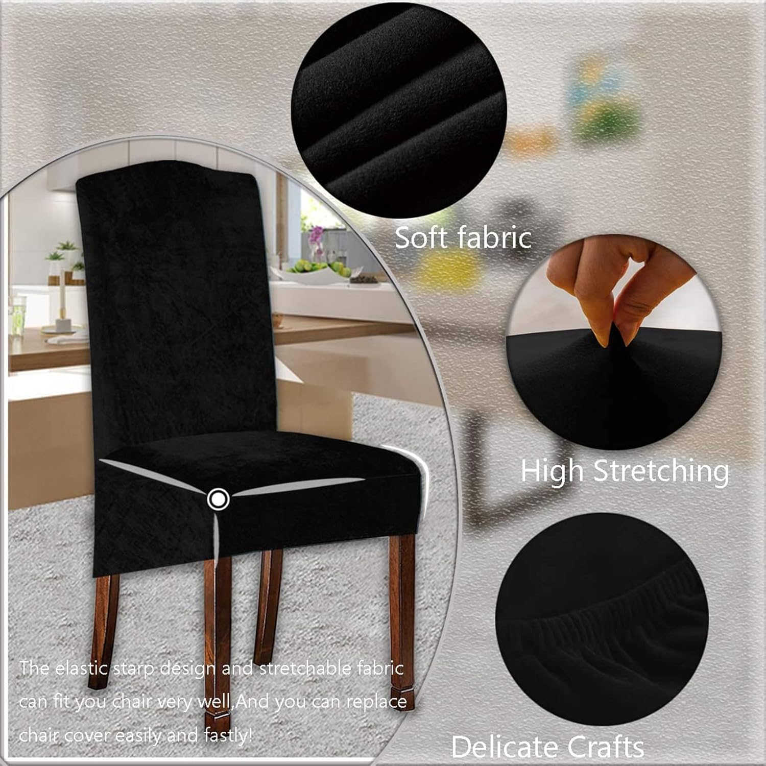 Dining Chair Velvet Seat Covers Set of 2/4/6, Elastic Chair Protector for Wedding Banquet Party Decoration - Crushed Velvet Chair Covers for Dining Chairs