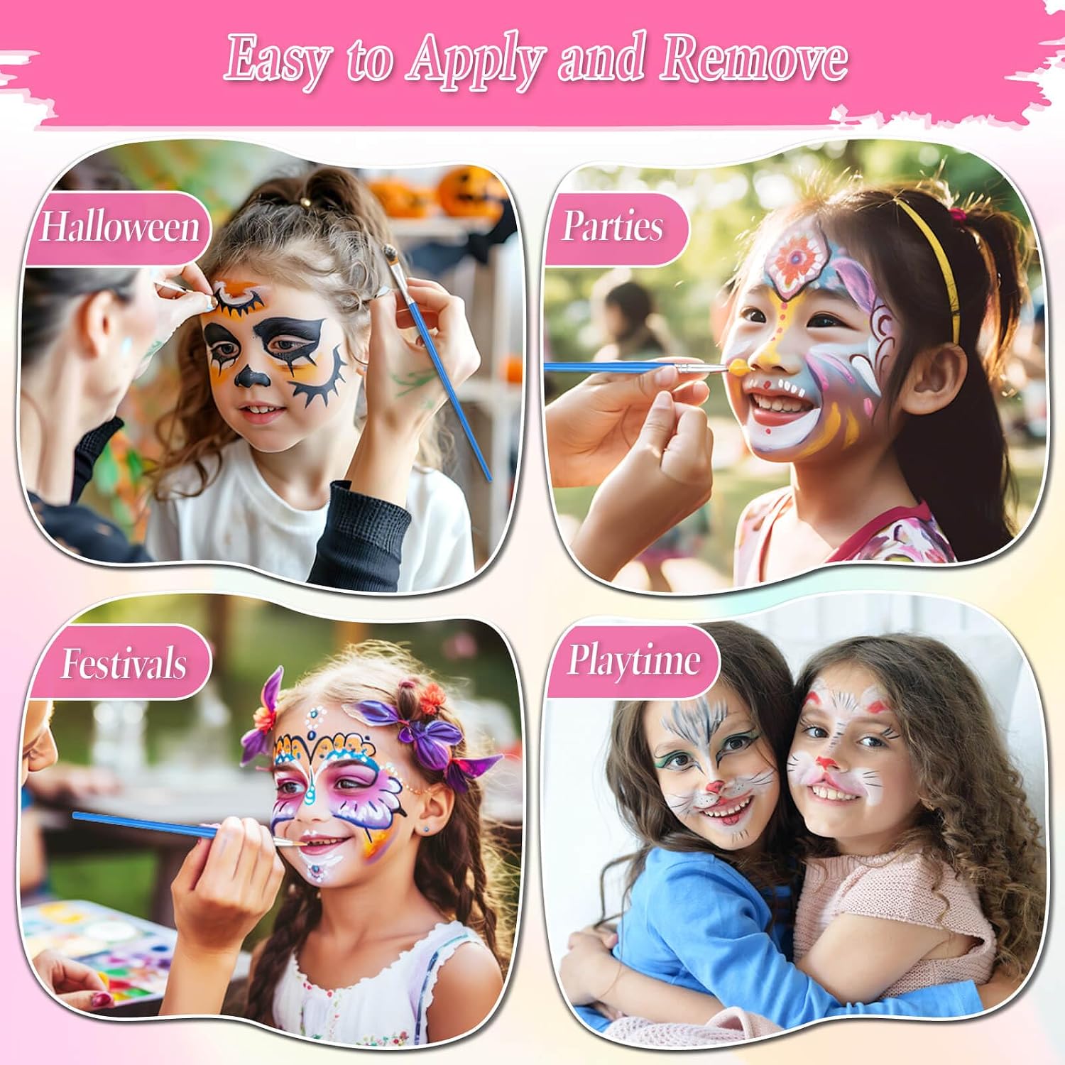 Flasoo Face Painting Kit, 27 Colors Non-Toxic Paint with Brushes, 16 Crayons, 6 Reusable & 40 Sticky Stencils, Face Gems, Tattoos for Cosplay Parties & Halloween Makeup