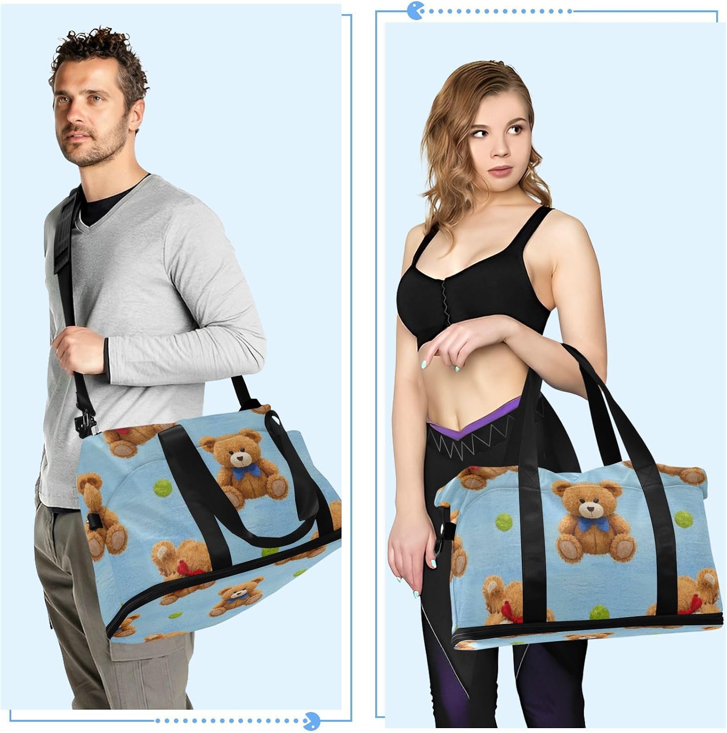 Cartoon Cute Brown Teddy Bear Gym Tote Bag Carry On Tote Bag with Toiletry Bag for Trip Multifunctional