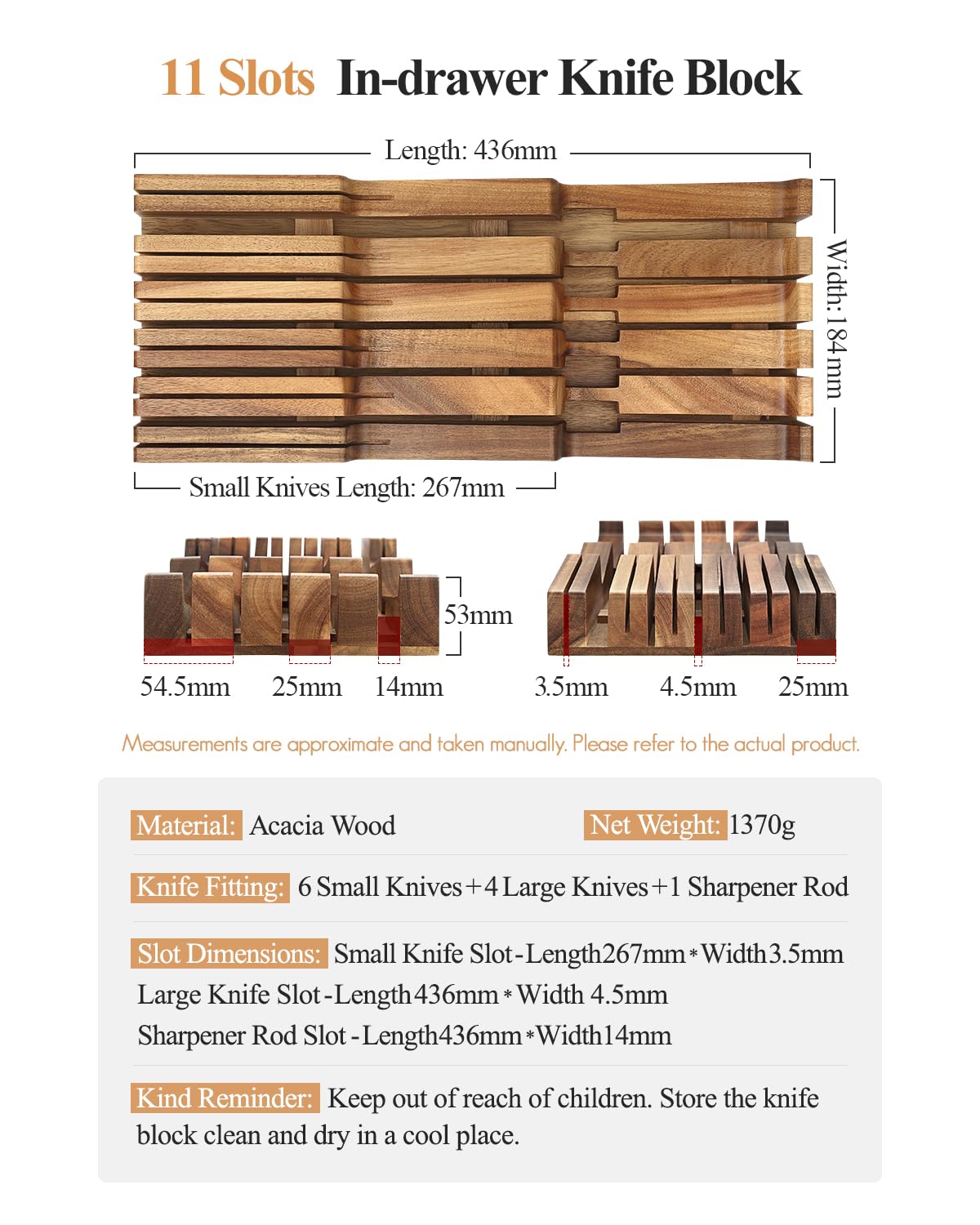 XINZUO Cassetto Blocco di Coltelli da Cucina in Legno di Acacia -43,6x18,4x5,3cm Ceppo Portacoltelli Universale per Cassetto (Senza Coltelli) -4 Coltelli Lunghi+6 Corti+1 Acciarino per Affilare