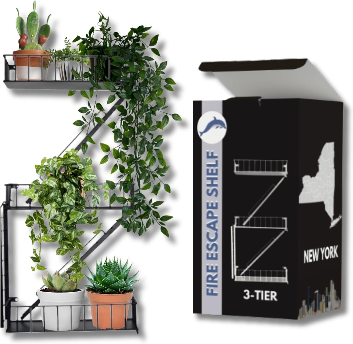 VERSATILE KAS Fire Escape Shelf Fire Escape Wall Shelf Trinket Shelf Display Action Figure Figure Display Shelf Superhero Display Floating Staircase New York Wall Ladder Firescape (3-Tier)