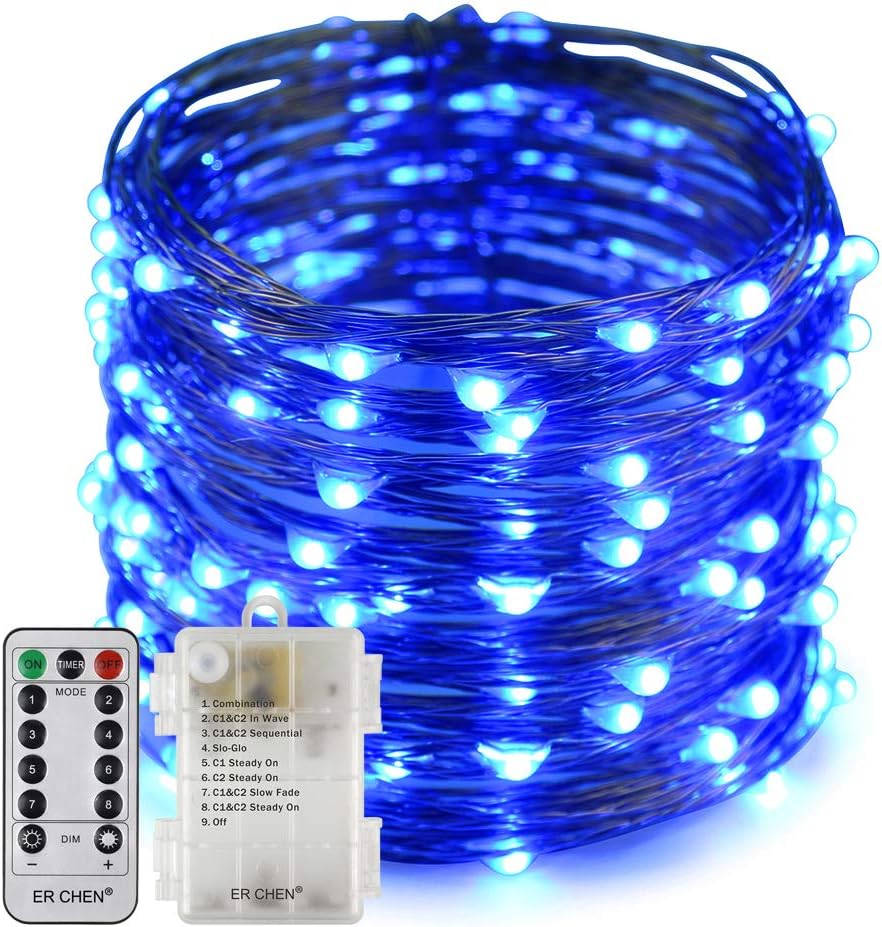 Erchen Battery Operated LED String Lights, Dimmable 66 FT 200 LED Ultra Thin Waterproof 8 Modes Timer Copper Wire Fairy Lights with 13 Key Remote Control for Indoor Outdoor Christmas Party (Blue)