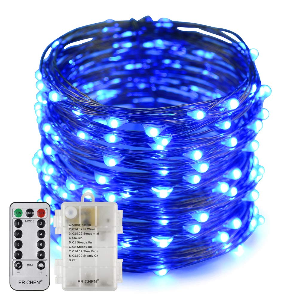 Er Chen Blue Erchen Battery Operated Led String Lights, Dimmable 66 Ft 200 Led Ultra Thin Waterproof 8 Modes Timer Copper Wire Fairy Lights With 13 Key Remote Control For Indoor Outdoor Christmas Party (Blue)