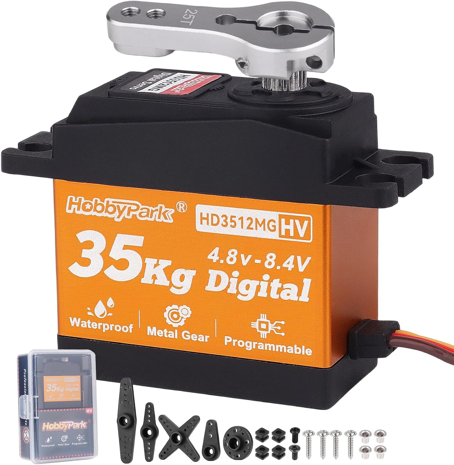 HobbyPark RC Servo High Torque 35KG Digital Servo Metal Gears for 1/7 1/8 1/10 RC Crawlers Compatible with SCX10 II TRX4 D90 VS4-10 with 25T Servo Horn, 180° Degree 8.4V HV (35kg Torque)