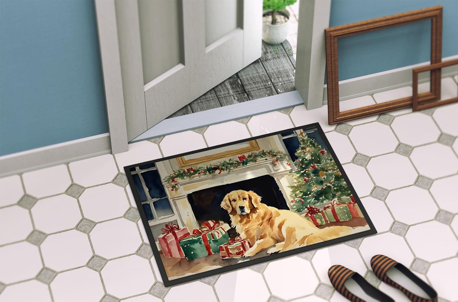 Caroline's Treasures DAC2667JMAT Golden Retriever Cozy Christmas Doormat Front Door Mat Indoor Outdoor Rugs for Entryway, Non Slip Washable Low Pile, 24H X 36W
