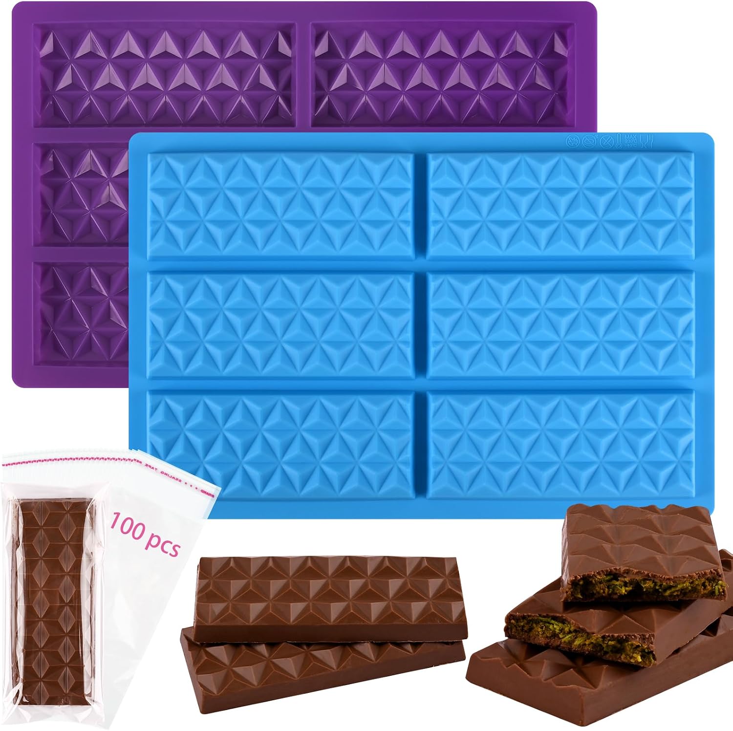 WMKGG 4 PCS Silicone Chocolate Bar Mold Set, Break-Apart Chocolate Bar Mold, 24-Cavity Pink, Green, Blue, Purple