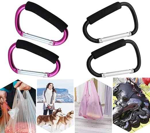 Magnoloran 4 Pack Grocery Bag Shopping Bag Holder Handle Carrier Tool Baby Stroller Hook Stroller Organizer Hook Clips Multi Purpose Snap Hook Carabiner Clip with Cushion Grip, Black & Purple