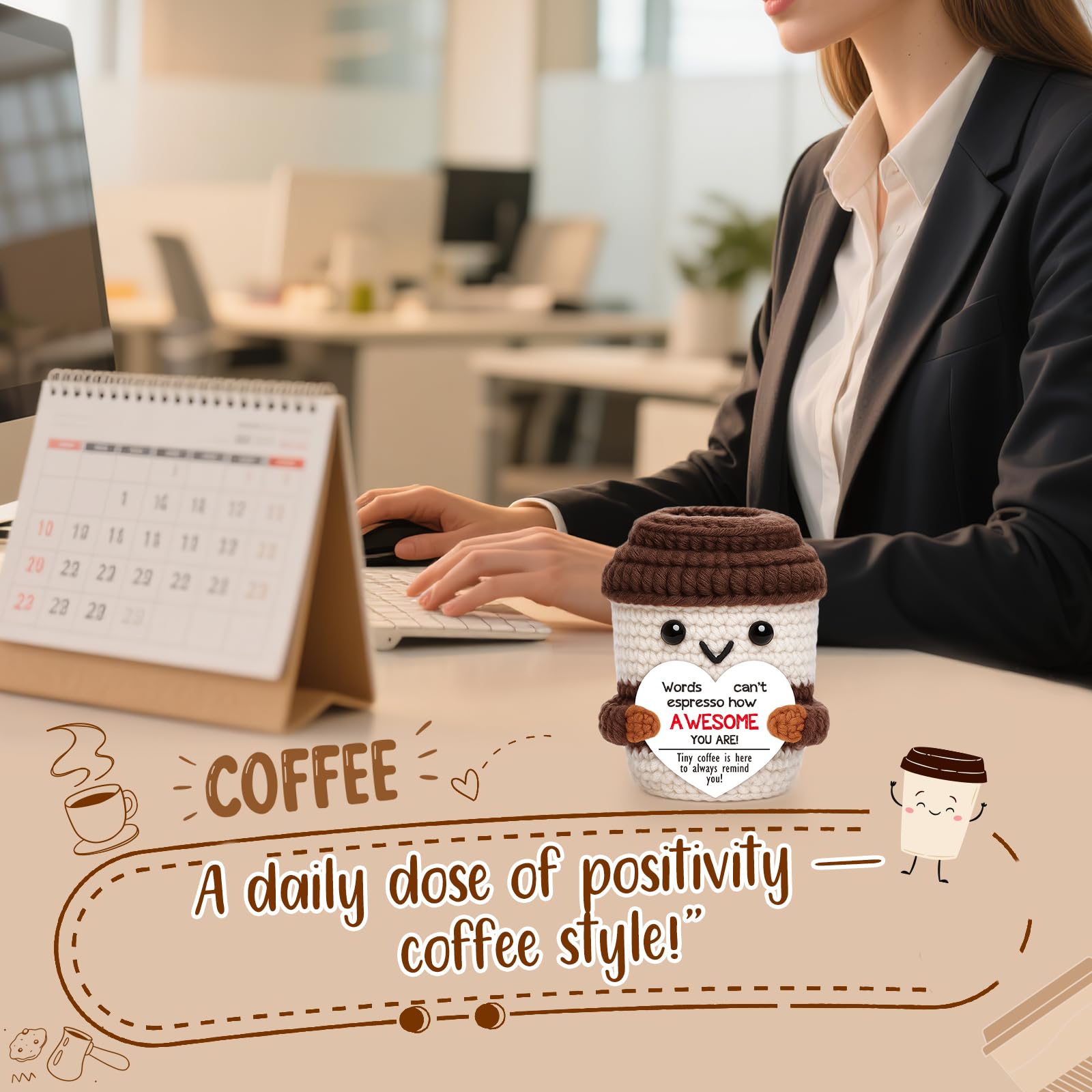 OCCdesign Mini Birthday Inspirational Gifts for Women Men Cheer Up Support Handmade Crochet Coffee Gift for Coworkers Friend Teachers Nurses Stress Relief Mental Health Self Care Office Gift