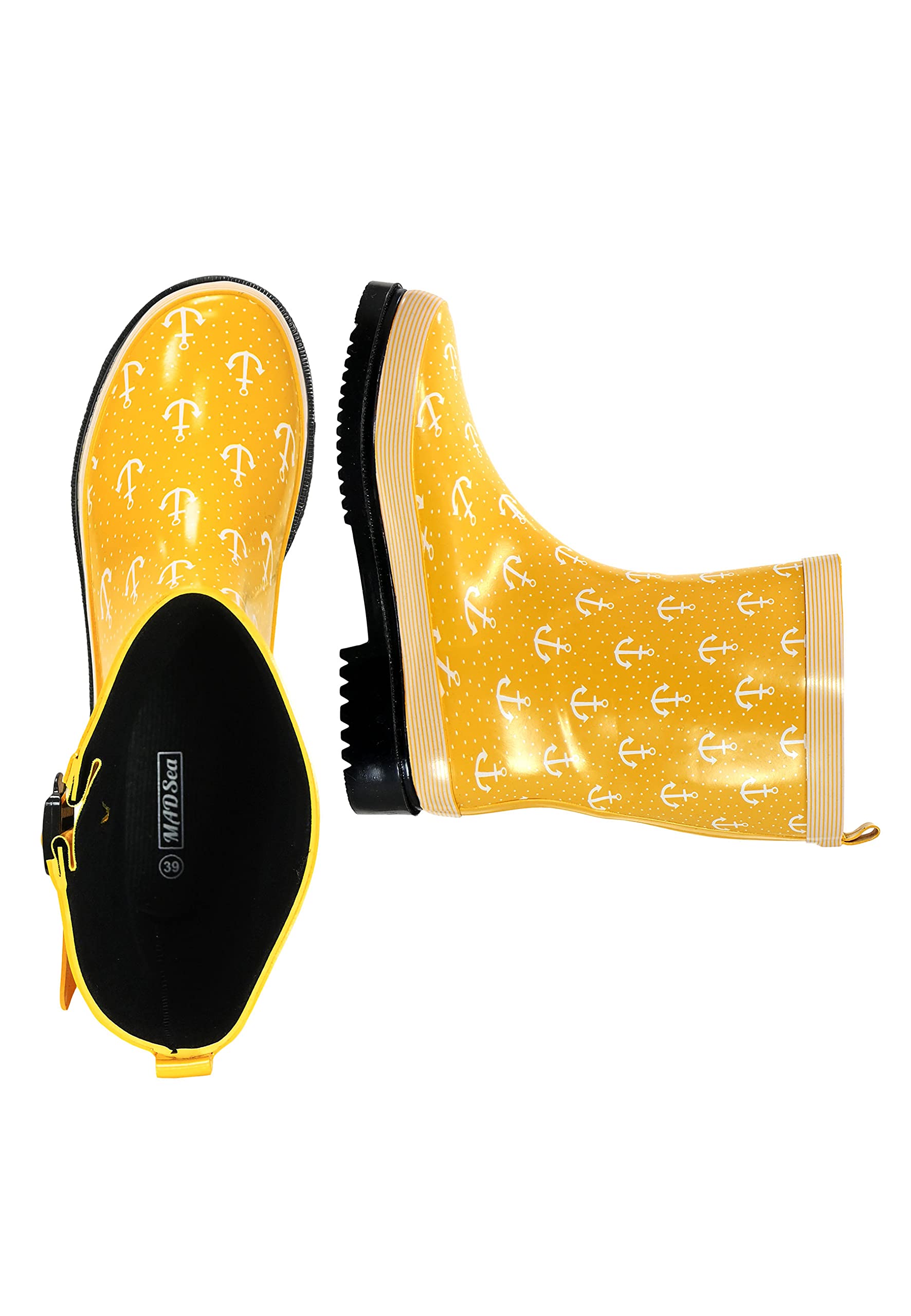 MADSea Botas de agua para mujer Ocean Anchor de media caña | Botas de lluvia impermeables con pliegue elástico para jardín con diseño de ancla