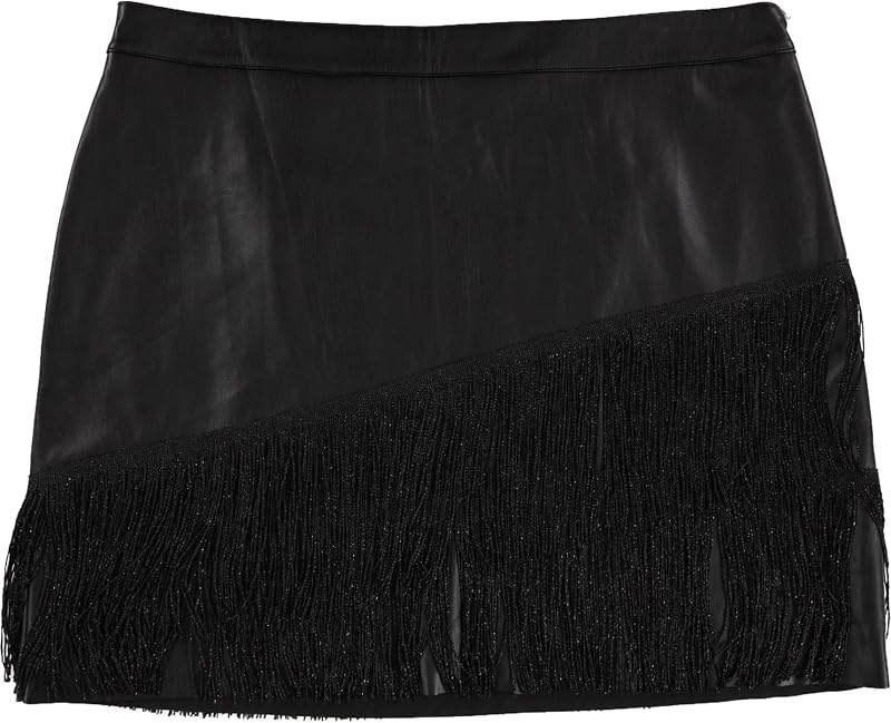 DKNY Minifalda de piel sintética con ribete de flecos para mujer, negro, 16
