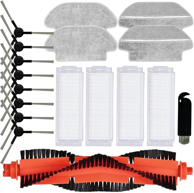 QAQGEAR Brush Filter Accessories for Xiaomi Robot Vacuum Mop Pro STYTJ02YM, for Viomi V2 P V-RVCLM21B Robot Vacuum Cleaner Replacement Parts, 1 Main Brush, 8 Side Brush, 4 Filter, 4 Mop Cloth (18Pack)