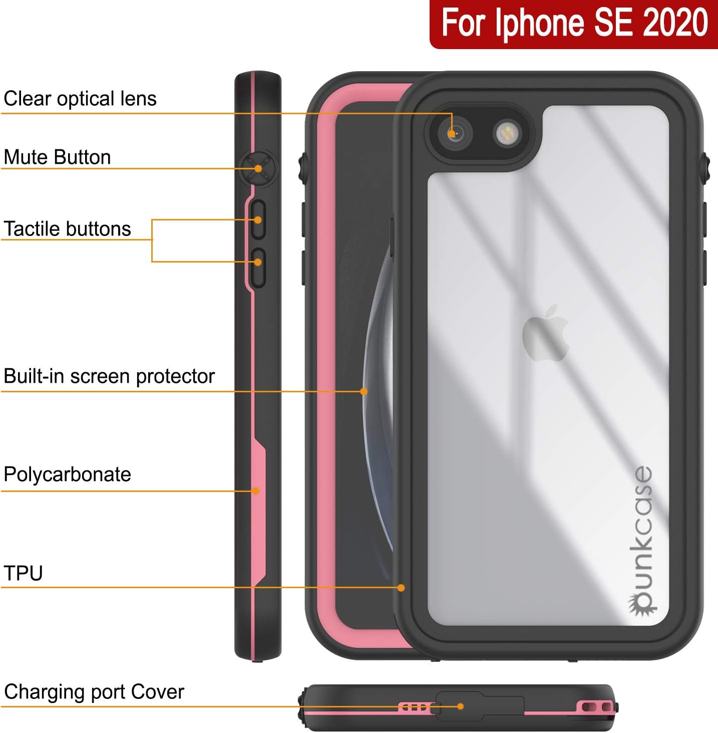 Punkcase SE 2020 Waterproof Case [Rapture Series] Protective IP68 Certified Full Body Cover W/Built in Screen Protector [Clear Back] for Apple iPhone SE (2020) (4.7") (Pink)