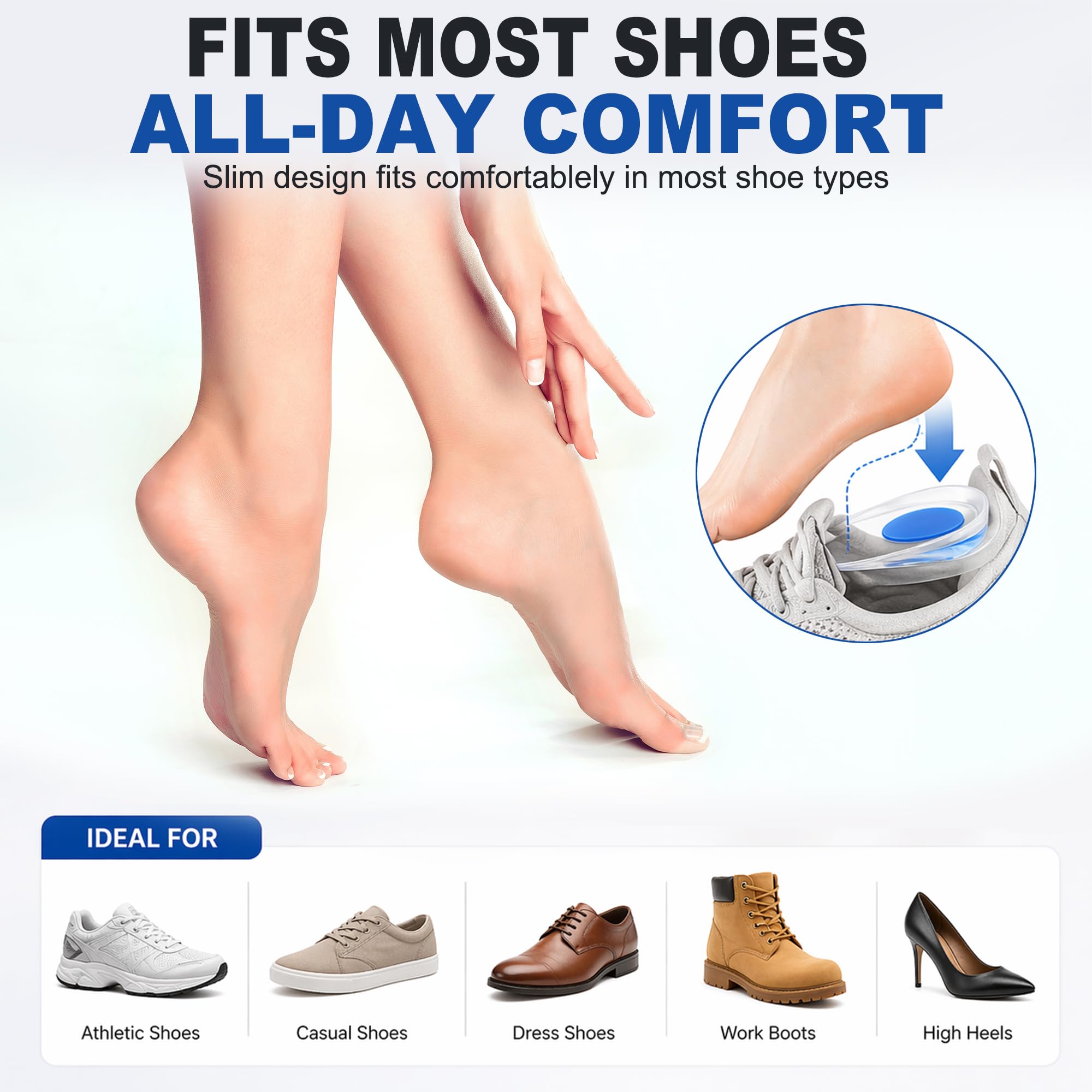 Almohadillas de gel de silicona para talón, 2 pares de talones para tendinitis de Aquiles, fascitis plantar, espolón de talón, alivio del dolor de talón, pequeño/mediano
