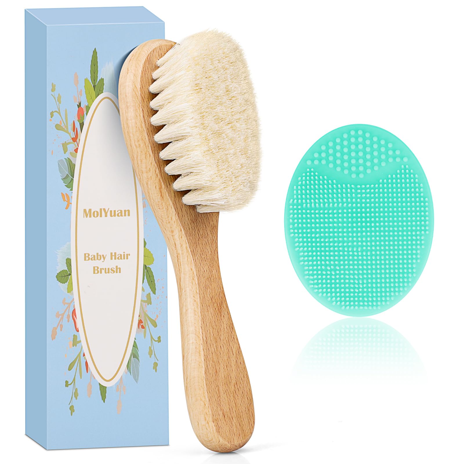 MolYuan Baby Haarbürste, Hölzerne weiche ziegenhaarbürste, Baby Rosenrot Silikon Haar Cradle Cap Pinsel Set für Neugeborene, Kleinkinder, Haarbürste Baby Set (2PCS (Grün Silikonbürste+Haarbürste))