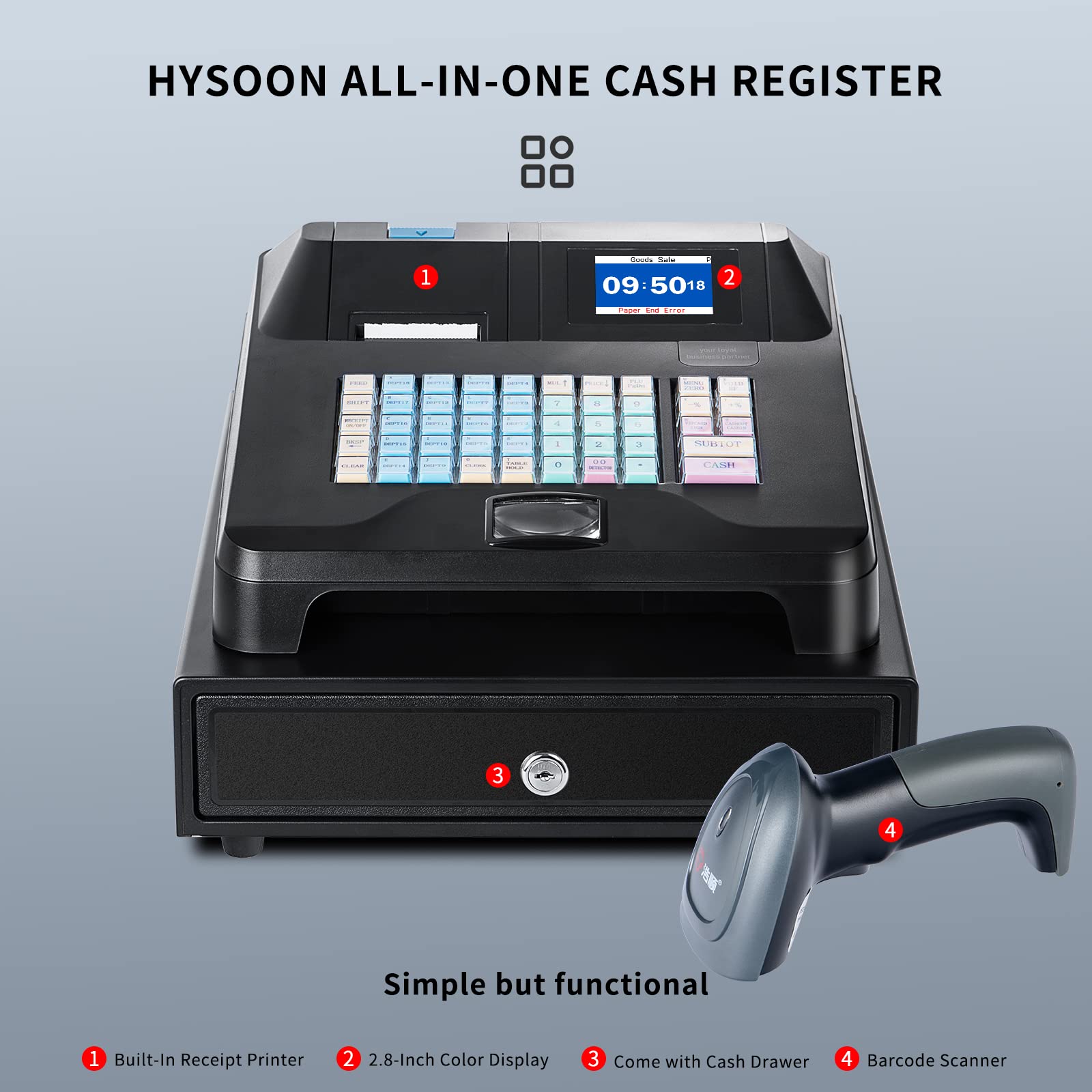 Cash Register with Cash Drawer, Hysoon Cash Register for Small Businesses with 2.8 Inch TFT LCD Display, 48 Keys Electronic Cash Registers with Barcode Scanner and Auto Print Receipt (Black)