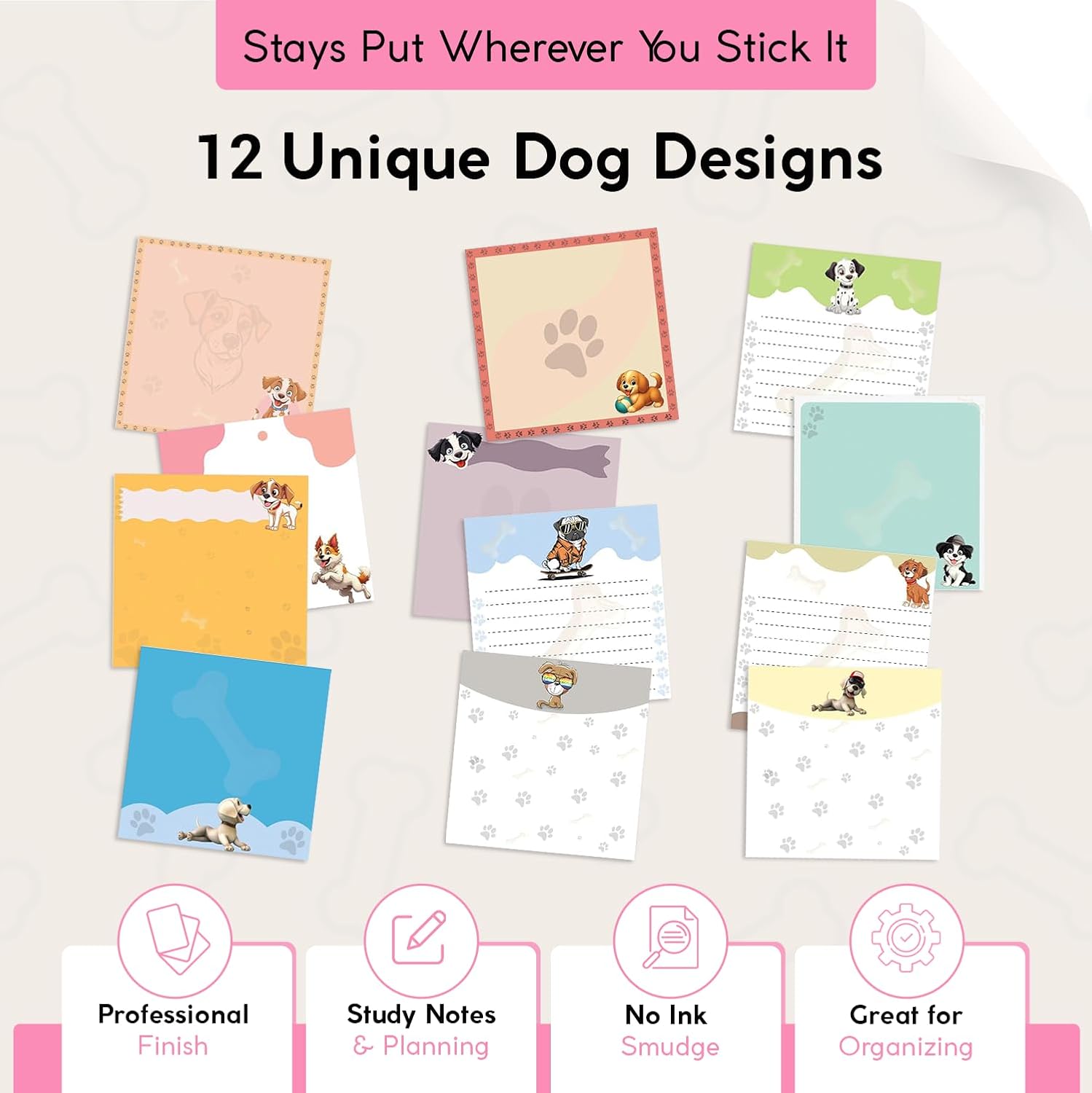 12 Pack Accordion Style 3” x 3” Dog Sticky Notes for Women | Cute Animal Notepads for Office & School Use | Small to Do List Memo Pads | Funny Stationery Gifts for Students & Teachers | 50 Sheets Each - Image 4