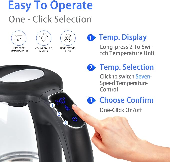 Tetera eléctrica de vidrio ShanSon 1.7 L 1500W control temperatura miniatura 3