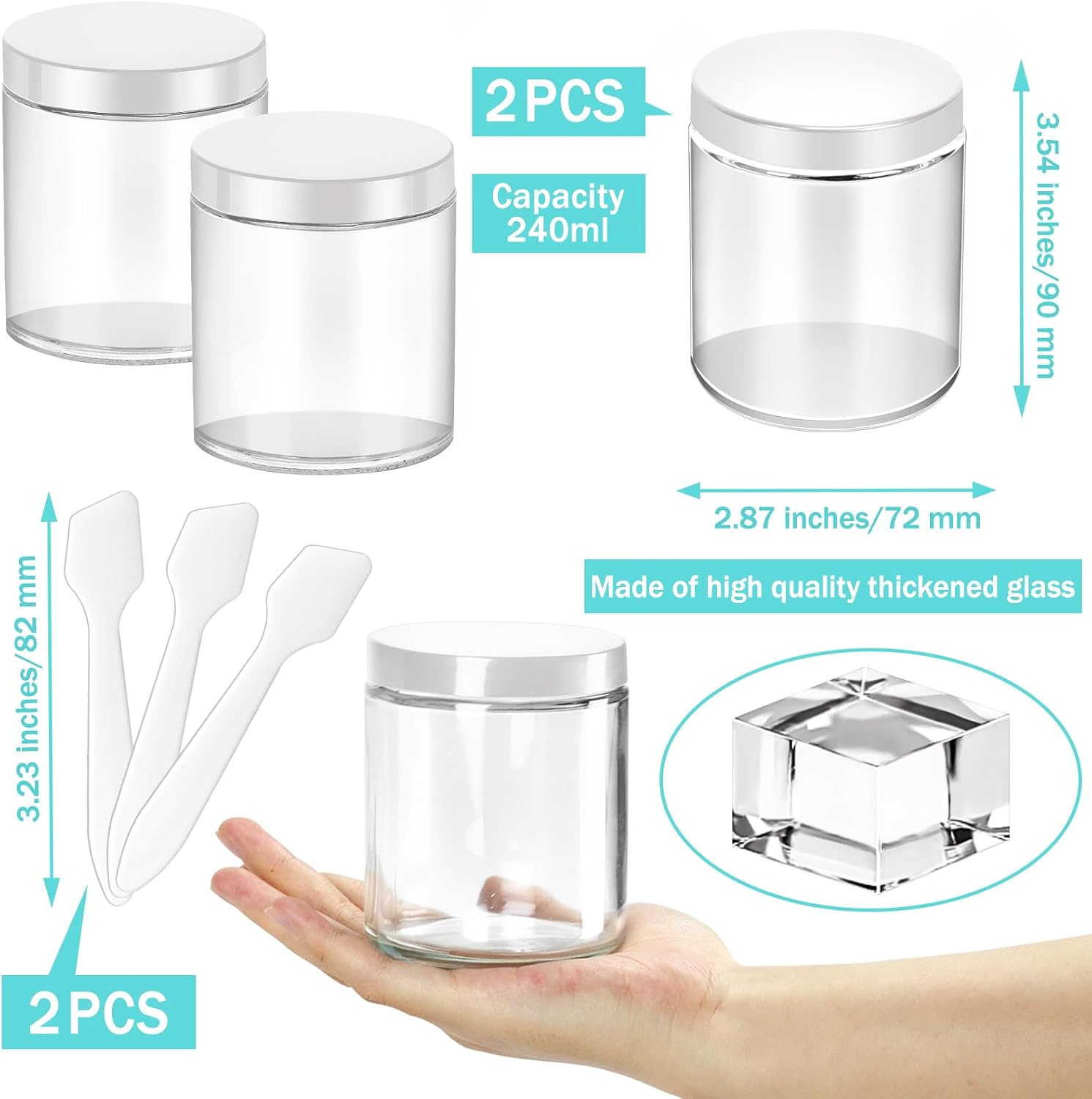 2 Pack 8oz Glass Jars with Lids, Round Glass Jars with Spatulas, Inner Liners and White Lids, Empty Cosmetic Containers Travel Toiletries Container for Lotion, Cream, Makeup, Cosmetic, Slime