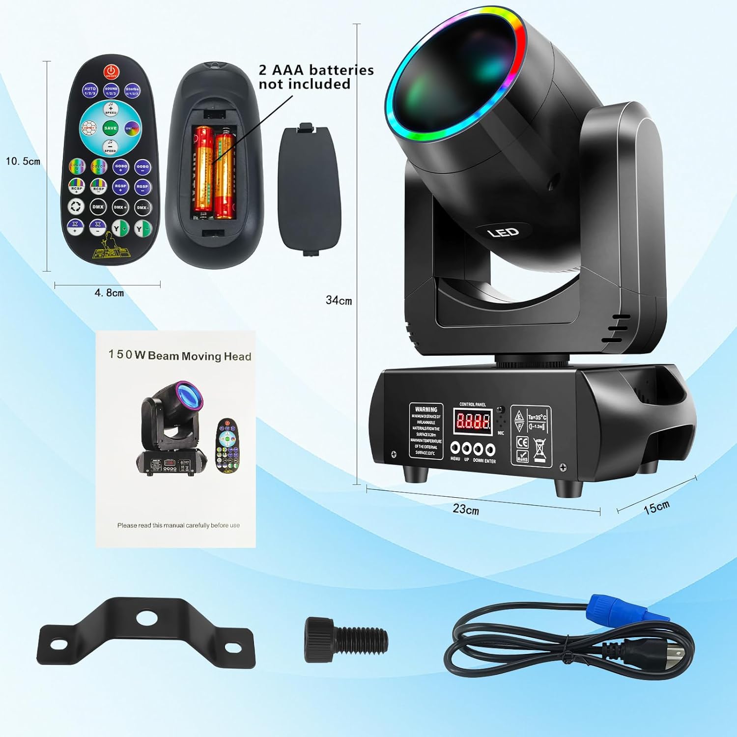 Moving Head DJ Lights GOBO with 150W Light, 13 Gobos, 8 Colors, 18-Prism, 15 Channels - Stage Light for Wedding, Party, Event Lighting.