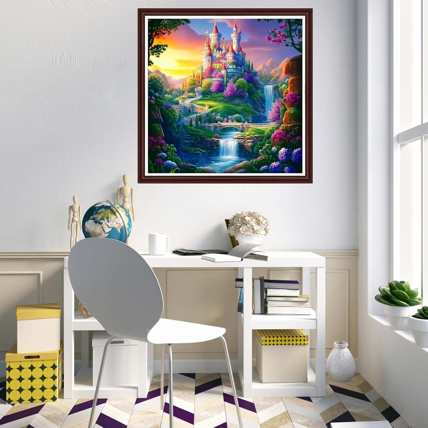 Dimxvean Counted Cross Stitch Kits for Adults,11CT Unprinted Cross-Stitch Pattern Embroidery Kit Cross Stitching Kit Supplies Needleworks Set-Magic Castle Waterfall 18x18 inch