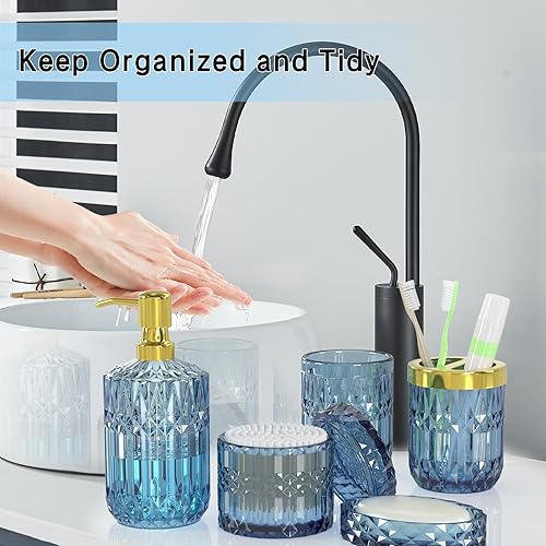 Miniatura 4 de Juego de accesorios de baño azules, 5 piezas de accesorios de baño de vidrio transparente con dispensador de jabón de loción, jabonera, soporte para
