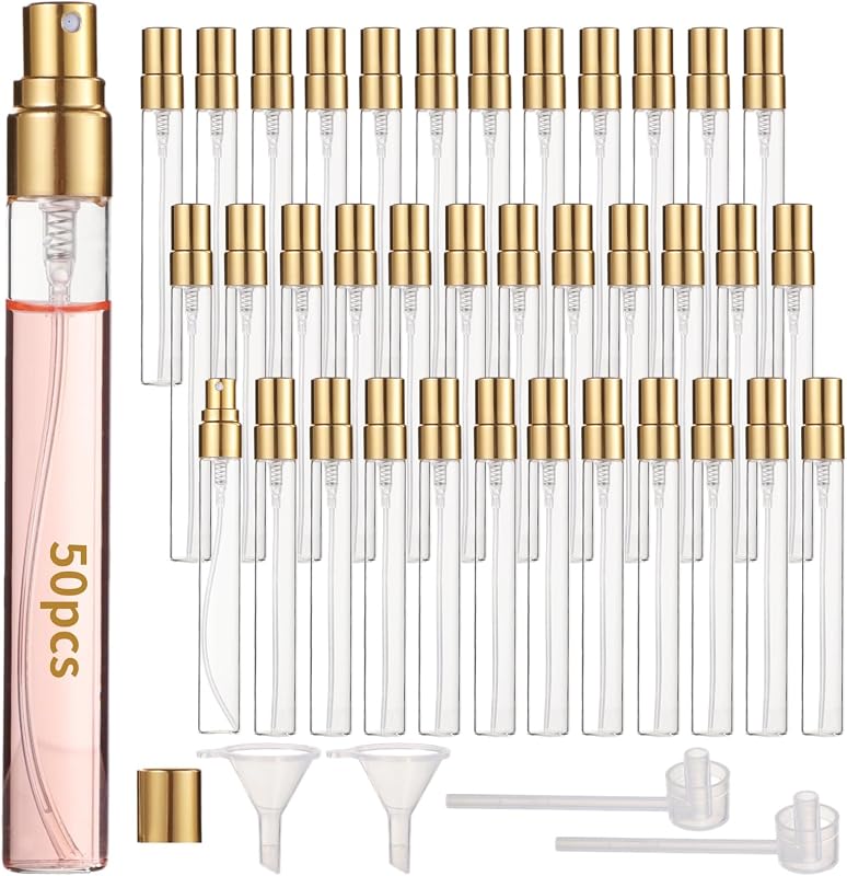 Lnrueg 50 Frascos de Perfume de Vidro com Spray Recarregável, 10 mL, Dourado, com 2 Funis e 2 Dispensadores