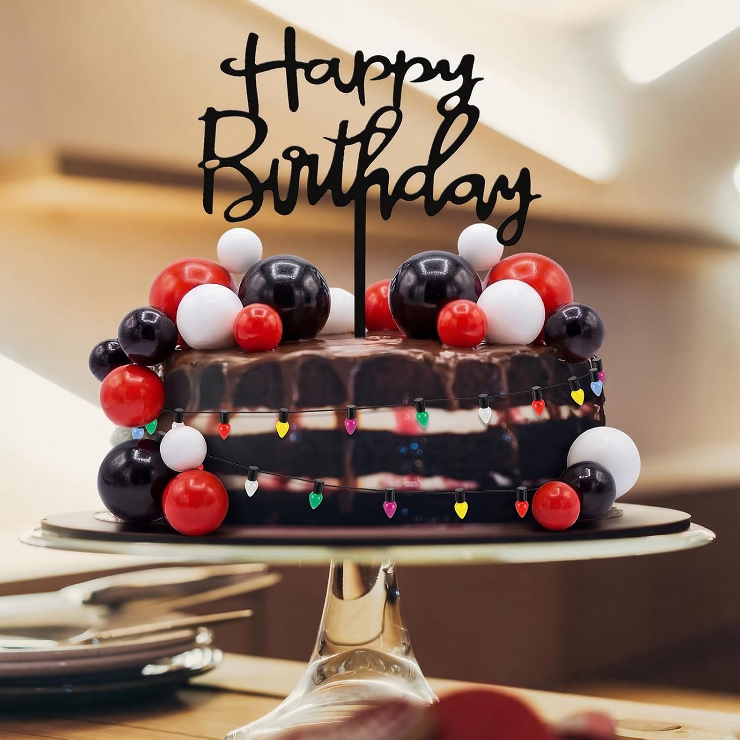 Gerrii 63 Pcs Stranger TV Cake Decorations with Happy Birthday Cake Topper Spooky Miniature Fairy Lights Black Red White Ball Toppers Set Red and Black Birthday Supplies for Horror Party Decor