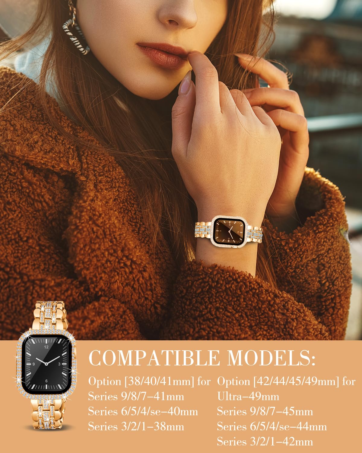 Bracelet de montre bling compatible avec Apple Watch 38 mm, 40 mm, 41 mm, 42 mm, 44 mm, 45 mm, bracelet de rechange en métal avec coque de protection en cristal pour femme