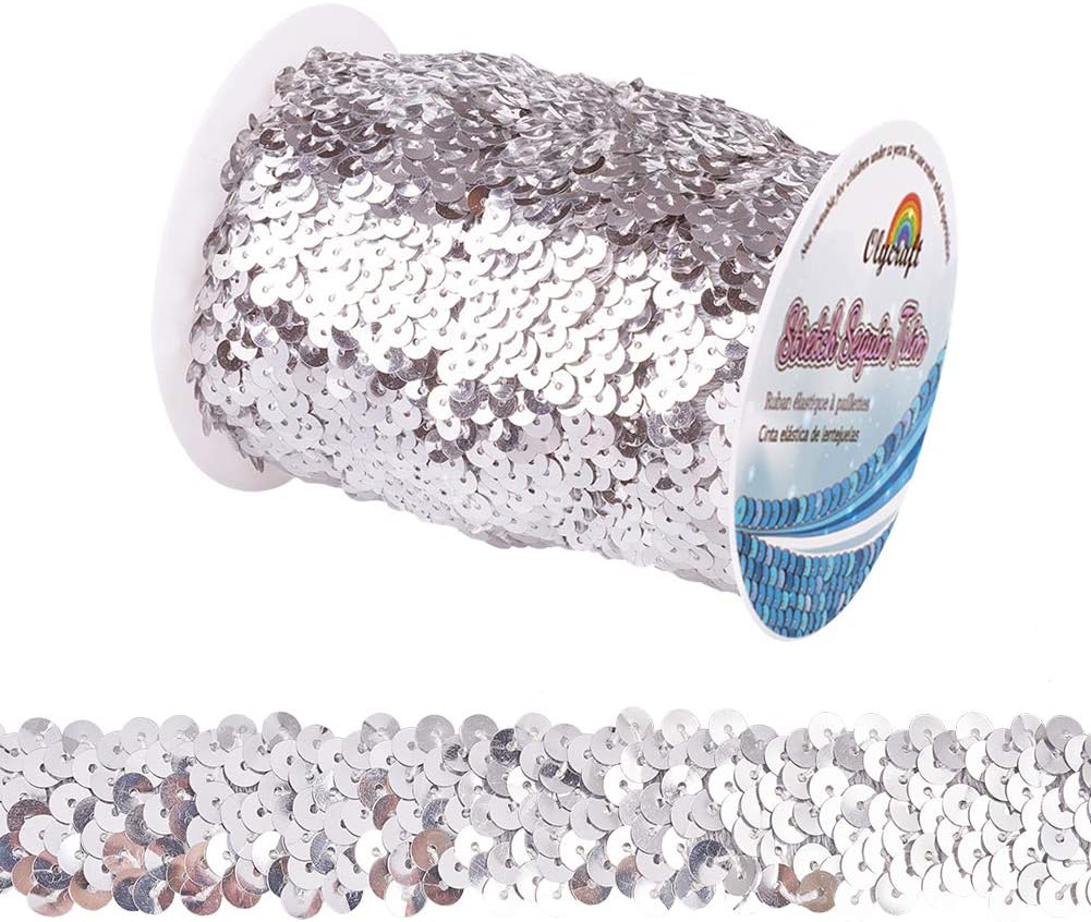 OLYCRAFT 11-Yard 1 Inch Elastic Sequin Trim Metallic Silver Stretch Sequin Trim 3-Row Fabric Paillette Ribbon Trim for Dress Embellish and Headband : Everything Else