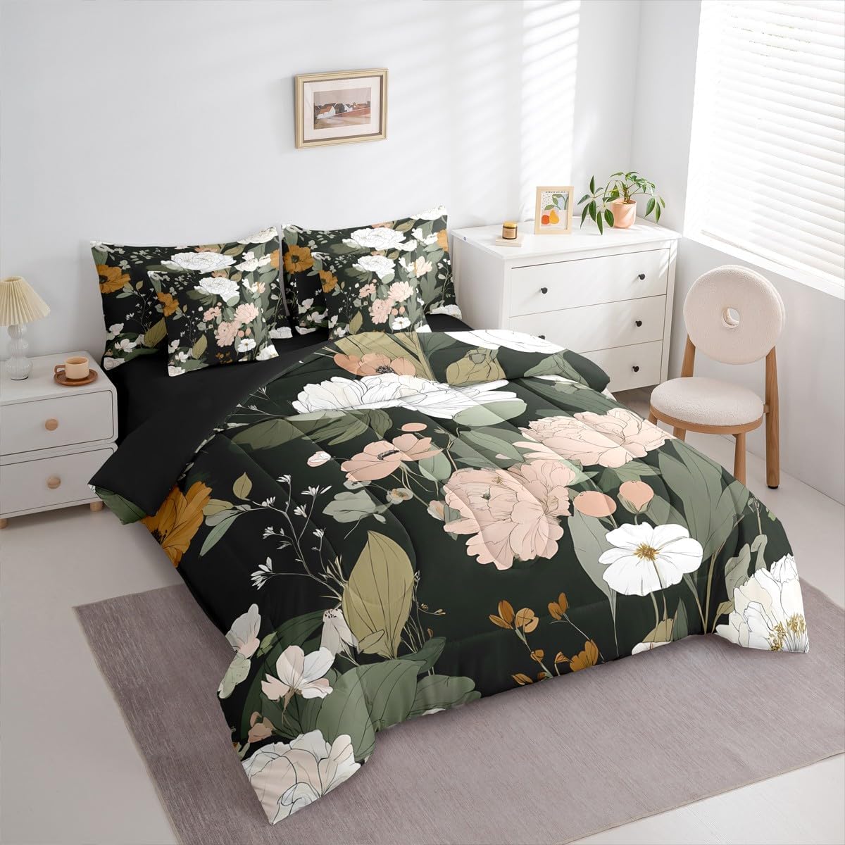 Erosebridal Floral Flower King Comforter Set with Sheets 7 Piece Rustic Botanical Aesthetic Bed in A Bag Boho Elegant Flowers Leaves Bedding Sets for Teens Vintage Farmhouse Plant Leaf Bed Set