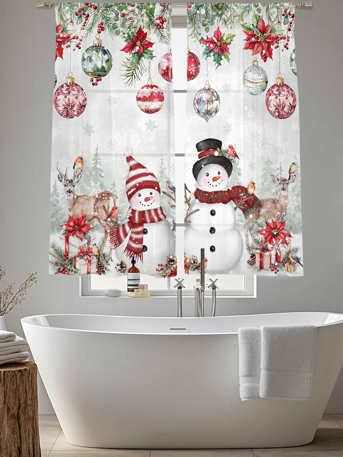 Christmas Sheer Curtains 72 Inches Long Christmas Snowman Deer Curtains for Living Room Red Poinsettia Balls Snowflake Light Filtering Semi Curtain Drapes for Bedroom Decor 2 Panels 52"W x 72"L