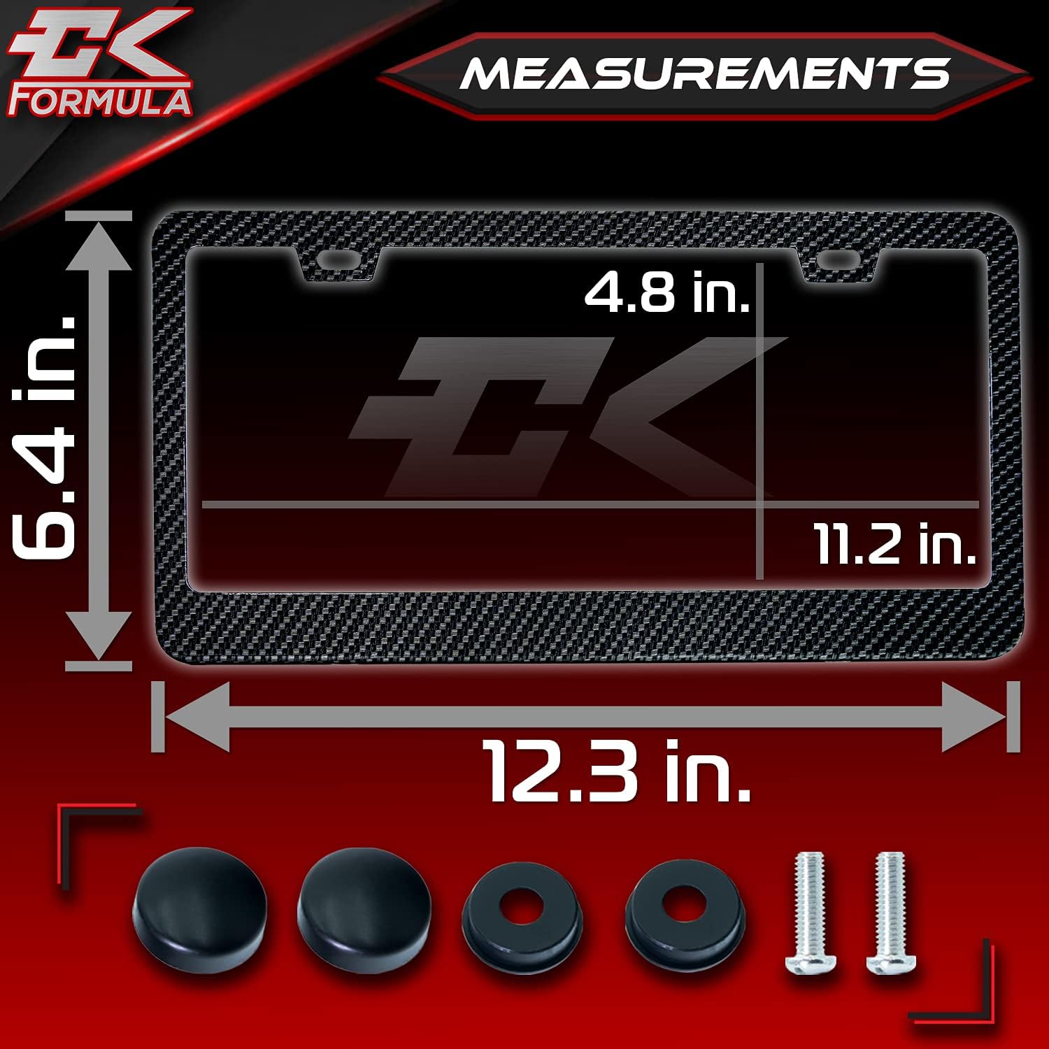 CK Formula Black Carbon Fiber Printed Aluminum License Plate Frames, 2 Screw Holes with Install Kit, UV Protection Clear Coat, Weatherproof, 2 Pieces