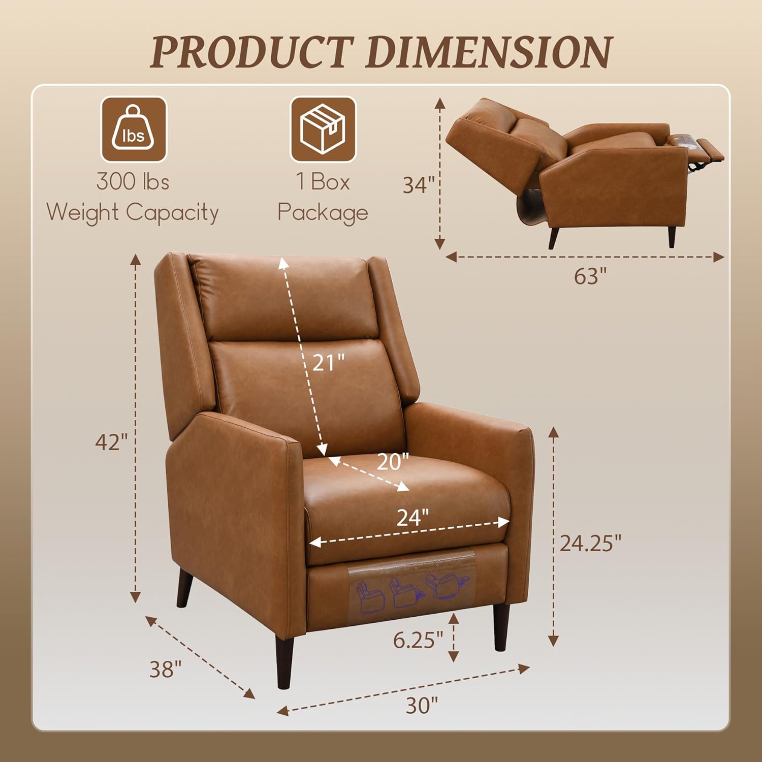 leovanni Push Back Recliner Chair, Faxu Leather Upholstered Recliner with Adjustable Backrest and Footrest, Modern Comfy Reclining for Living Room, Bedroom, Small Spaces, Brown