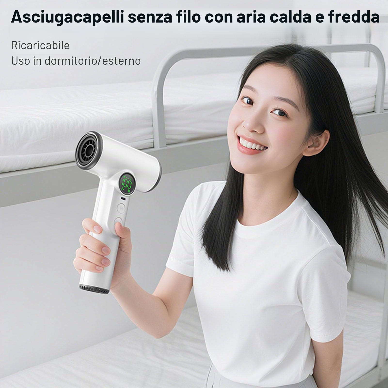 Bewinner Asciugacapelli a Corda con Batteria Ricaricabile da 15600 MAh e Ricarica USB, Freddo/caldo Regolabile, Asciugatura Rapida, Asciugacapelli Portatile per Viaggi, Campeggio
