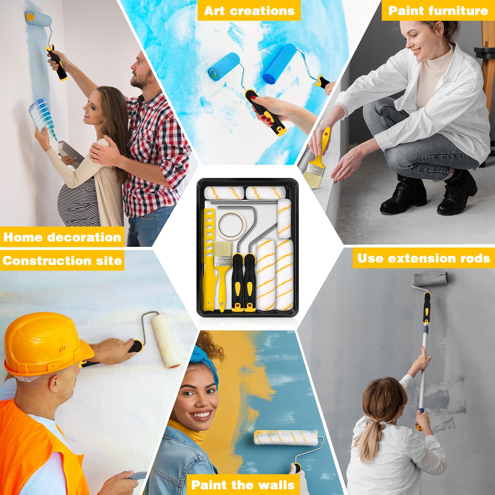 BBLTIFF 12pcs Kit Rodillo para Pintar Paredes, Kit Pintar Pared Kits de Herramientas de Pintura para Todo Tipo de Superficies y Pinturas Pelo Medio con Bandeja Mango Ergonómico para La Decoración — view 7