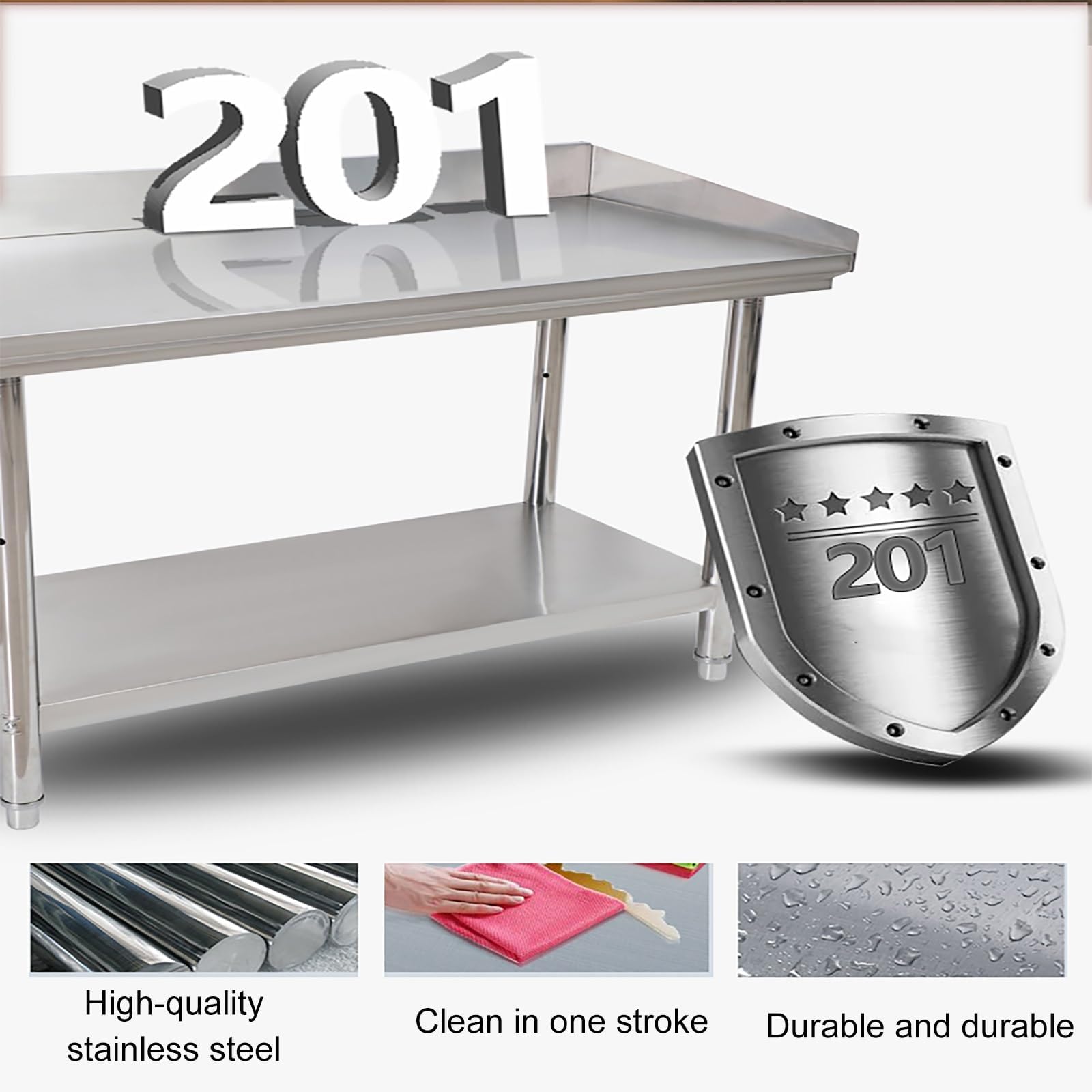 Mesa de Trabajo de Acero Inoxidable, Mesa de preparación para la Cocina, Mesa de Trabajo de Cocina Comercial de Servicio Pesado, Mesa de preparación de Mesa de Metal de 2 estanterías para Bar