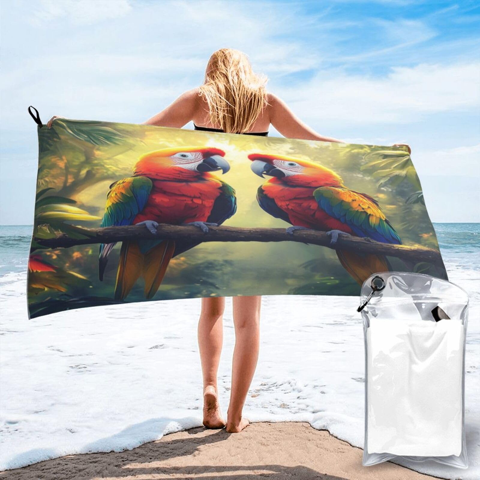 Anceky Digital Painting of Two Macaws, Vibrant Colors Quick Dry Microfiber Travel Towel with Carry Case and Carabiner 27.5"X55"