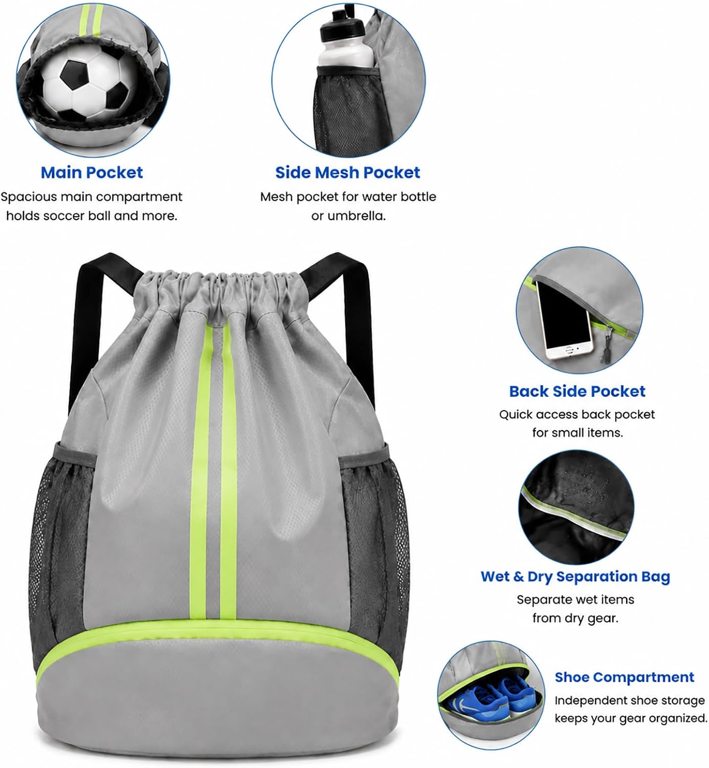 Sports Drawstring Backpack，Football Backpack with Shoes Compartment and Ball Compartment for Soccer, Basketball, Swim