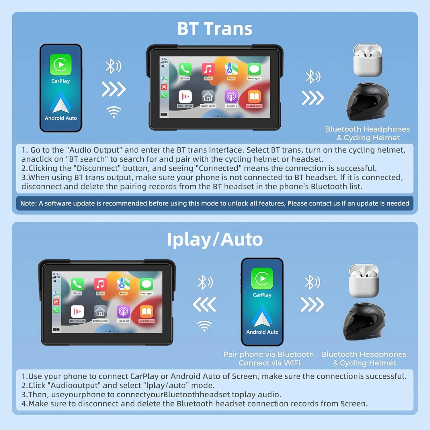 7 Inch Wireless Motorcycle CarPlay &Android Auto, Waterproof Smart GPS Navigation System, Portable Moto Car Play Screen with Dual Bluetooth, Voice Control, Navigation, Siri/G-Assist, Anti-Glare