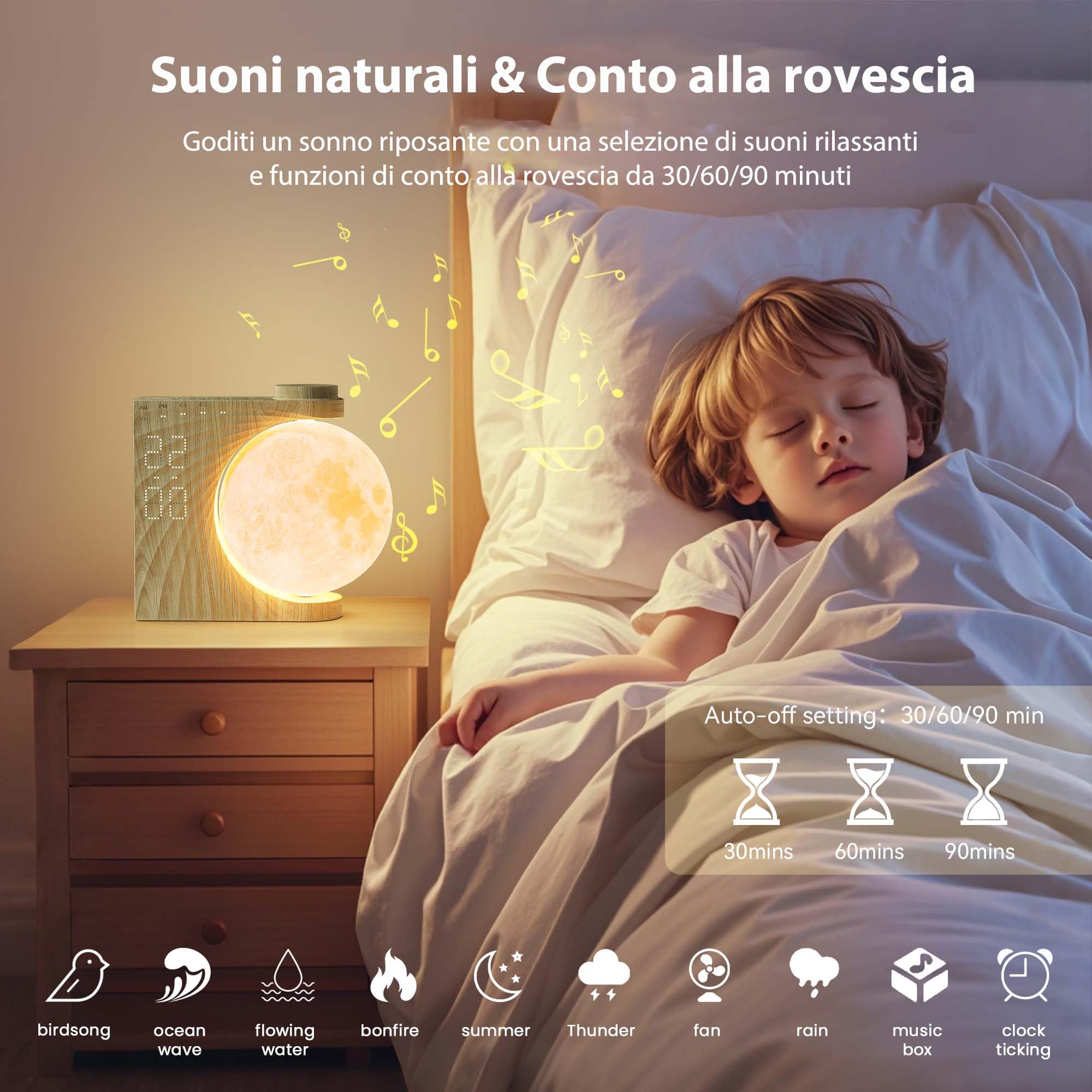 Lampada Luna 2025 - Versione Rotante Avanzata, RGB 8 Colori, Sveglia da comodino con 2 Allarmi, Wake-up Light 10 Suoni Naturali, 3 Livelli Luminosità Luci Notturne, Regalo Perfetto per Donne e Bambini
