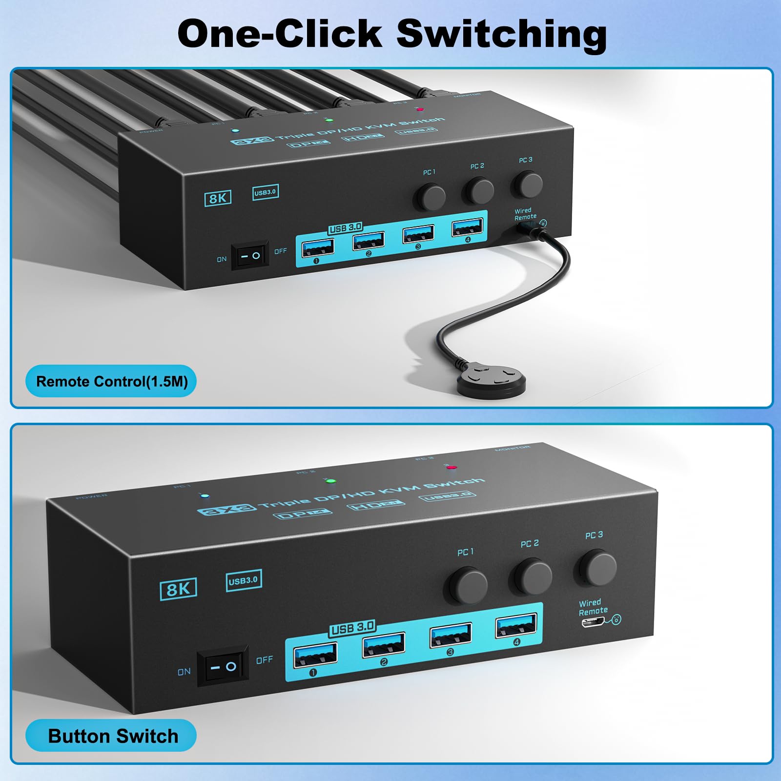 8K/4K KVM Switch 3 PC 3 Monitore Triple Monitor 3 Port 2 Displayport 1.4 and HDMI 2.1 USB 3.0 KVM Switches, DP 1.4 Supports 8K@30Hz/4K@144Hz, HDMI Supports 8K@60Hz /4K@120Hz with Wired Remote