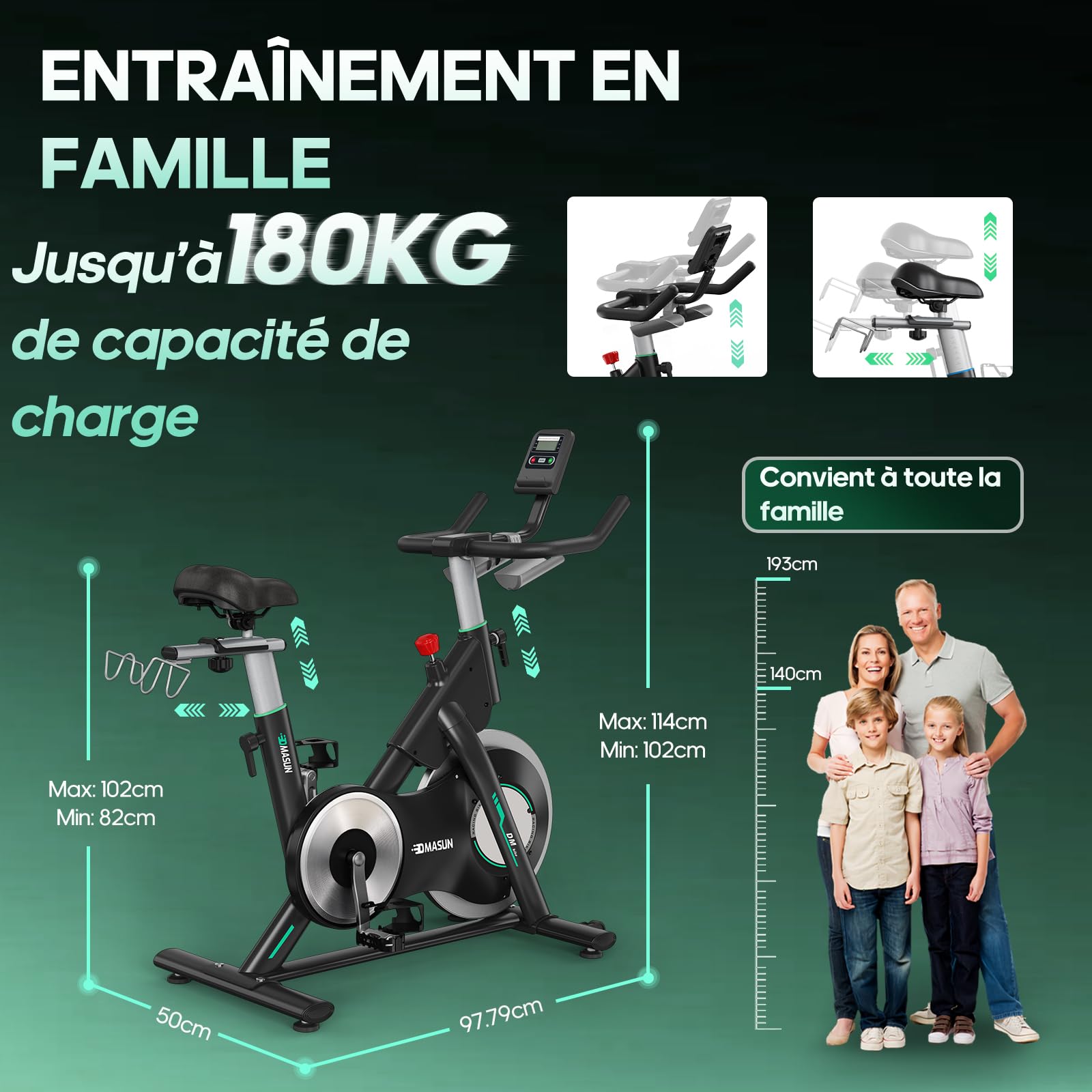 Vélo d'Appartement, DMASUN Velo d Appartement avec Résistance Magnétique Renforcée, Volant d'inertie lourd, Velo Appartement Ultra-Silencieux avec Support d'Haltères, Siège Confortable, Capacité 180KG